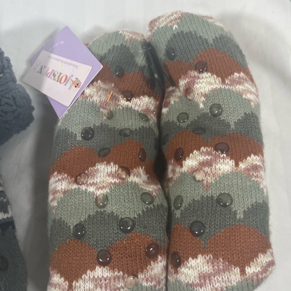JoySpun Kids Slipper Socks 2-Pack Raccoon Mountain Fair Isle Non-Slip 4-10 NEW - Picture 6 of 8